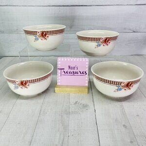 Country Living CUJ1 Center Red Rose Dot Stoneware White Soup Cereal Bowls Set 4